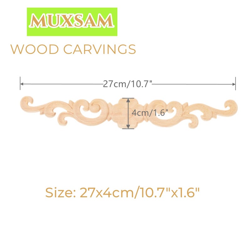 موكسام Muxsam Wood منحوتة على onlays onlays arcvings الطور الطويل تراكبات ديكور روزت ترصيع الشارات لأدراج أبواب أبواب خزانة مرآة الحائط الحائط الحرف اليورو الأثاث (2 حزمة 27x4cm/10.7 "x1.6" ") - Image 2