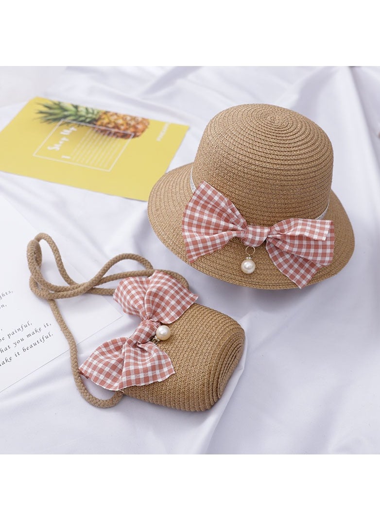 KUYING - Children's Cute Parent Child Beach Hat Straw Hat Bag Set Baby Sunshade Fisherman Hat Sun Hat - Image 1