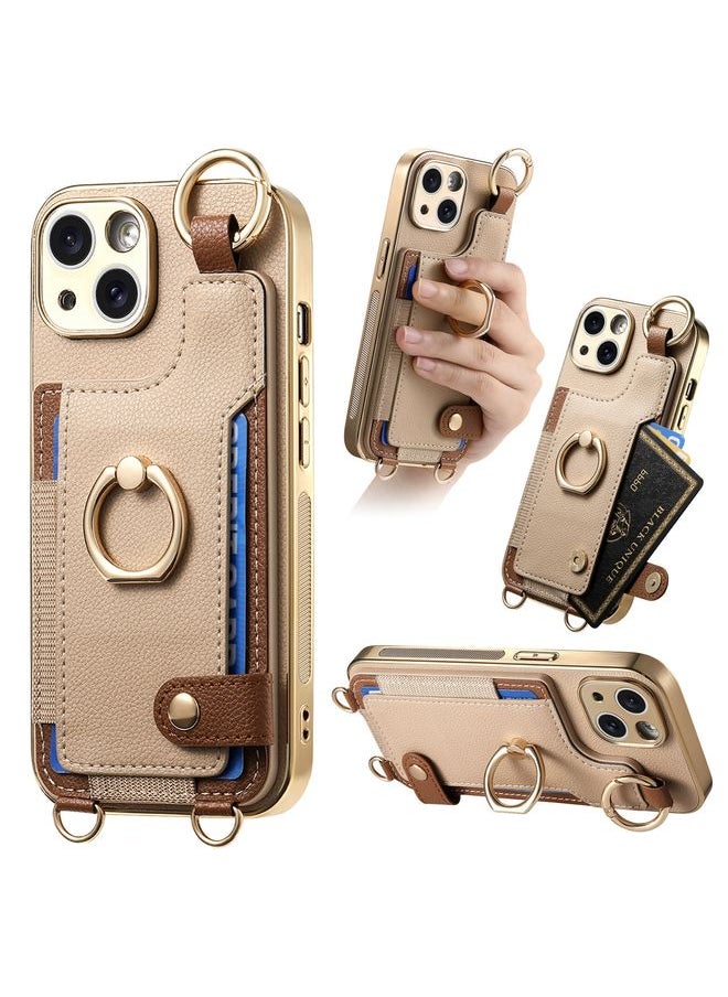HuHa Case Cover For iPhone 14 Plus Fashion Ring Card Bag Phone Case with Hang Loop Khaki 