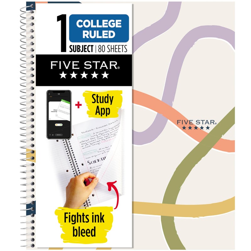 Five Star Spiral Notebook + Study App, 1 Subject, College Ruled, 8-1/2" x 11", 80 Sheets, Fights Ink Bleed, Water Resistant Covers, Organic Lines (820233F) - Image 1