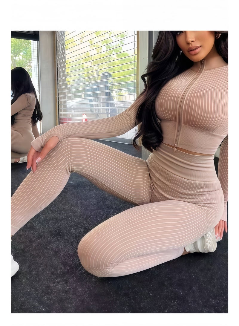 طقم يوغا نسائي  بطول كامل وسحاب - أكمام طويلة وبنطلون عالي الخصر، ملابس رياضية مرنة وضيقة ، مثالية لليوغا والجيم والتمارين الخارجية - Image 1