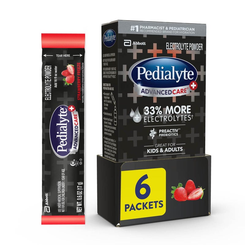 Pedialyte AdvancedCare Plus Electrolyte Powder, Has 33% More Electrolytes and PreActiv Prebiotics, Strawberry Freeze, 6 Powder Packets - Image 1