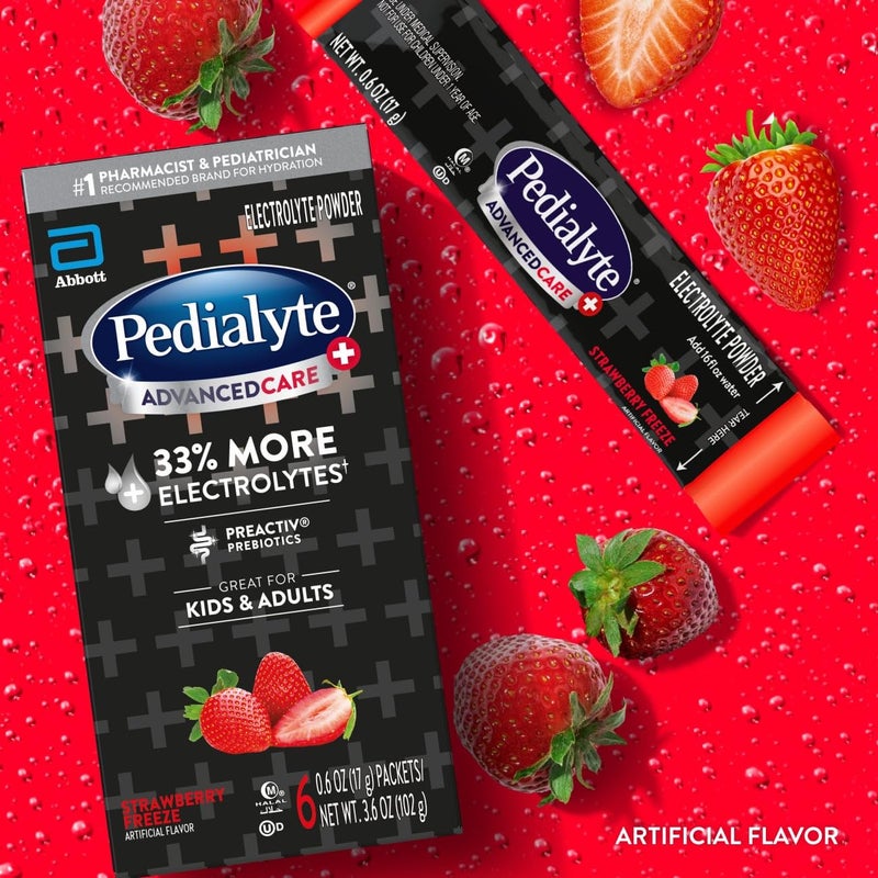 Pedialyte AdvancedCare Plus Electrolyte Powder, Has 33% More Electrolytes and PreActiv Prebiotics, Strawberry Freeze, 6 Powder Packets - Image 2