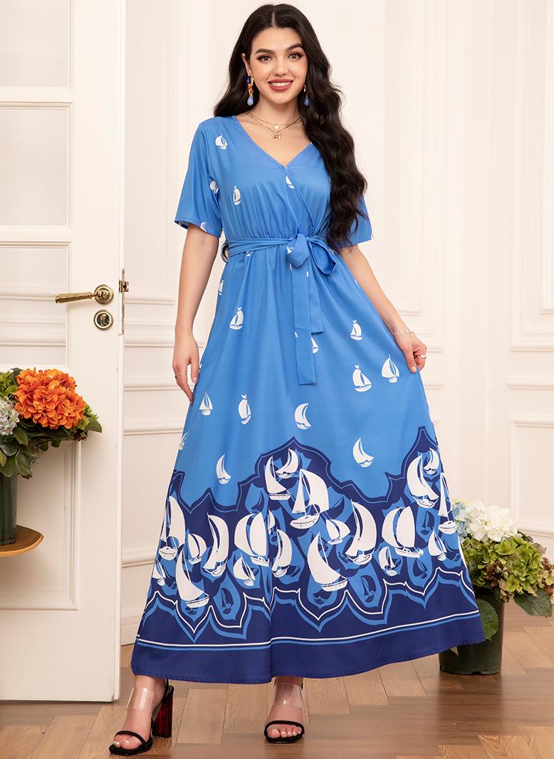 FridayIn Elegant style V-neck Wave pattern Color contrast Belt Regular sleeve Long Dresses Blue - Image 1