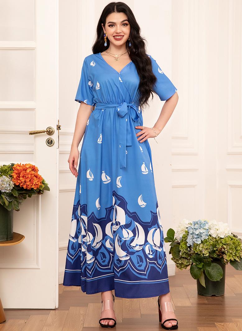 FridayIn Elegant style V-neck Wave pattern Color contrast Belt Regular sleeve Long Dresses Blue - Image 5