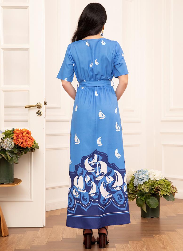 FridayIn Elegant style V-neck Wave pattern Color contrast Belt Regular sleeve Long Dresses Blue - Image 2