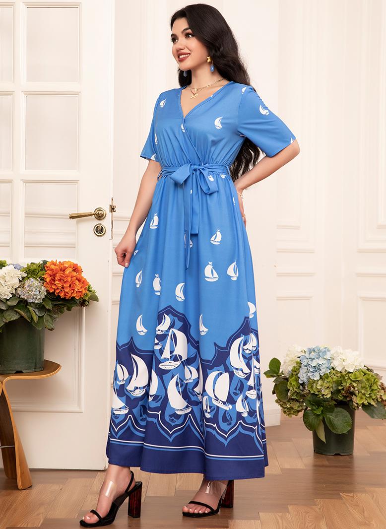 FridayIn Elegant style V-neck Wave pattern Color contrast Belt Regular sleeve Long Dresses Blue - Image 4