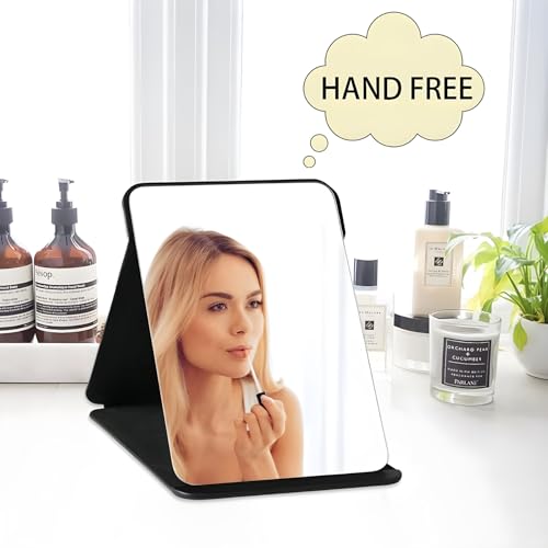 ONICORN® Foldable Makeup Mirror with Stand, Compact Portable Folding Free Standing Travel Vanity Mirror, Frameless PU Leather (Round Edge Black 1 PCS) - Image 2