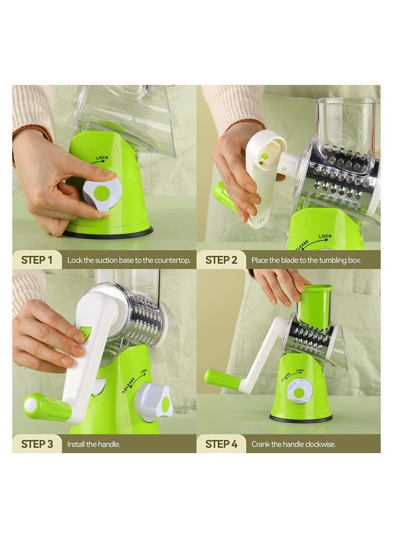 Generic - 3 in 1Manual Tabletop Drum Cheese Grater, Rotary Shredder Slicer Grinder for Cucumber Nut Potato Carrot Cheese, Vegetable Salad Shooter, Green - Image 1