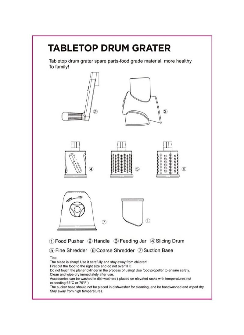 Generic - 3 in 1Manual Tabletop Drum Cheese Grater, Rotary Shredder Slicer Grinder for Cucumber Nut Potato Carrot Cheese, Vegetable Salad Shooter, Green - Image 1