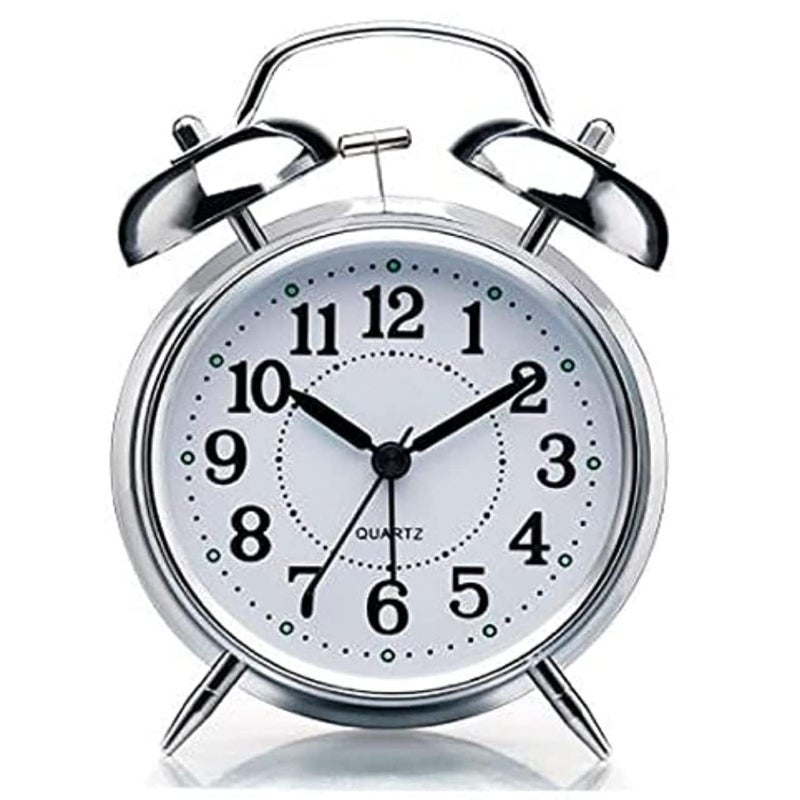 SHREE HANS CREATION SHREE HANS CREATION Vintage Twin Bell Table Top Alarm Clock with Night LED Light Analog Display Extra Loudly Alarm Sound Silver Clock for WakeUp Time Morning Walk Home Decor SilverWhite 11cm  - Image 1
