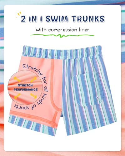 SURF CUZ Boys Swim Trunks with Boxer Brief Liner 2 in 1 Toddler Stretch Swimsuit Shorts Quick Dry Swimming Bathing Suit Blue Orange Stripes 2T - Image 3