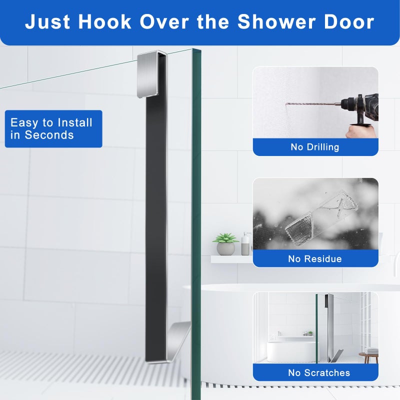FUMAX Shower Door Hooks 12 in, Shower Hooks for Towels, Heavy Duty Drilling-Free Extended Towel Hooks for Bathroom Frameless Glass Door, Over The Door Towel Hooks 3 Packs Silver - Image 2