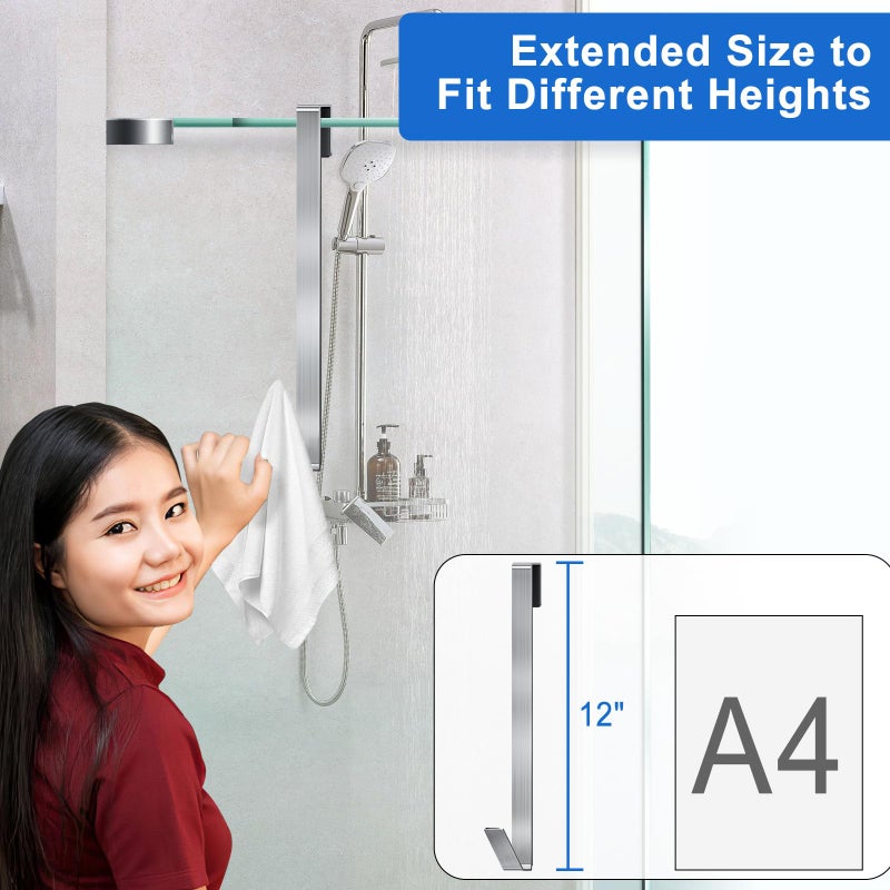 FUMAX Shower Door Hooks 12 in, Shower Hooks for Towels, Heavy Duty Drilling-Free Extended Towel Hooks for Bathroom Frameless Glass Door, Over The Door Towel Hooks 3 Packs Silver - Image 4