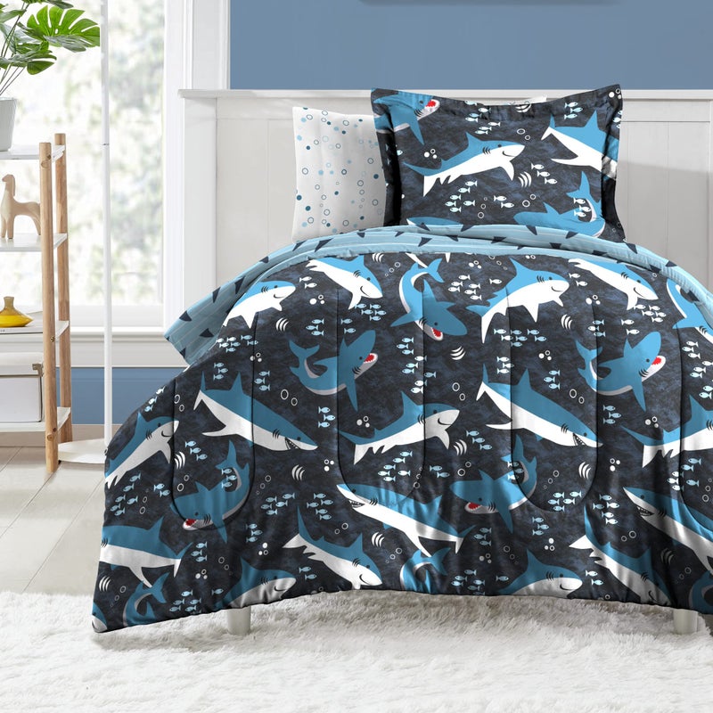 dream FACTORY dream FACTORY Kids 5Piece Complete Set EasyWash Super Soft Microfiber Comforter Bedding Twin Blue Sharks 