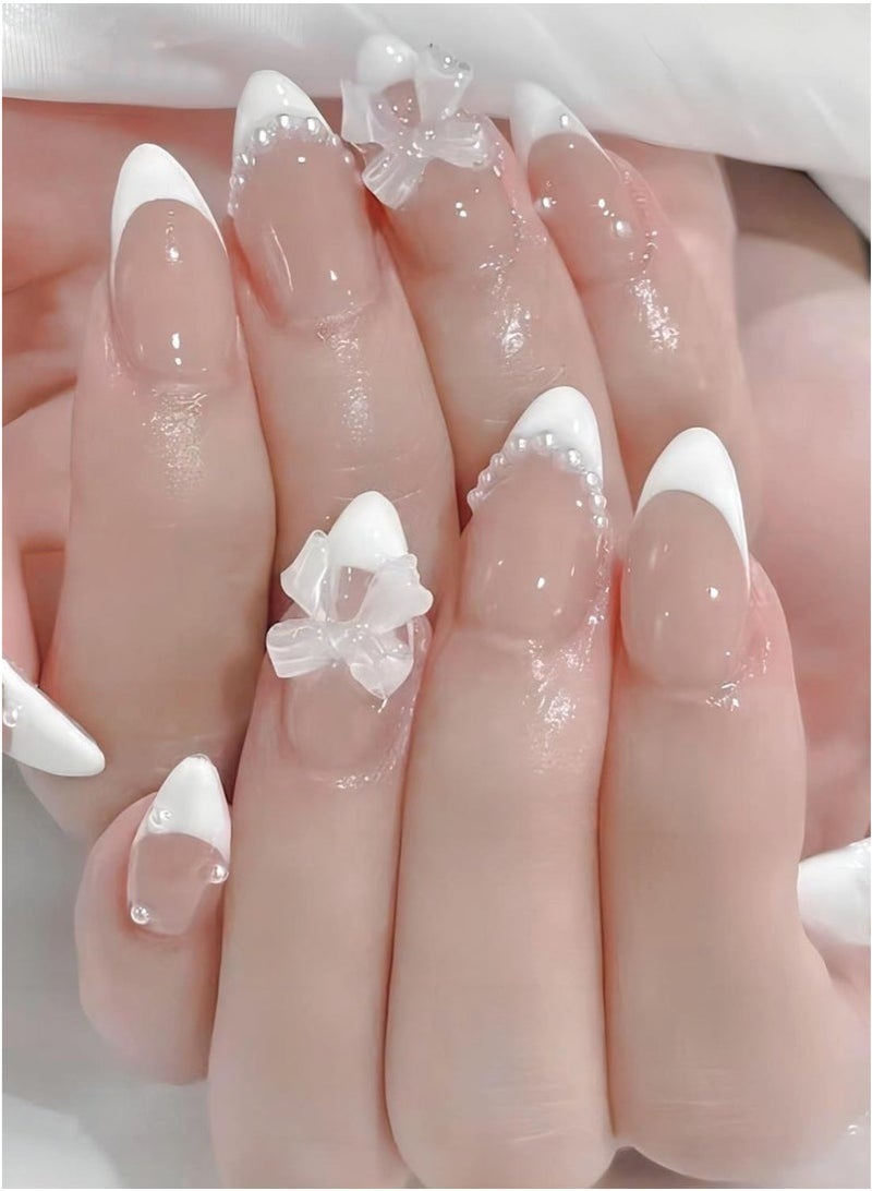 GlamKit 24-Piece Full Cover False French Tip Press on Nails,Medium  Nails Almond Glue on Nails Bow Charm Pearl Design Acrylic Nails(White) - Image 3