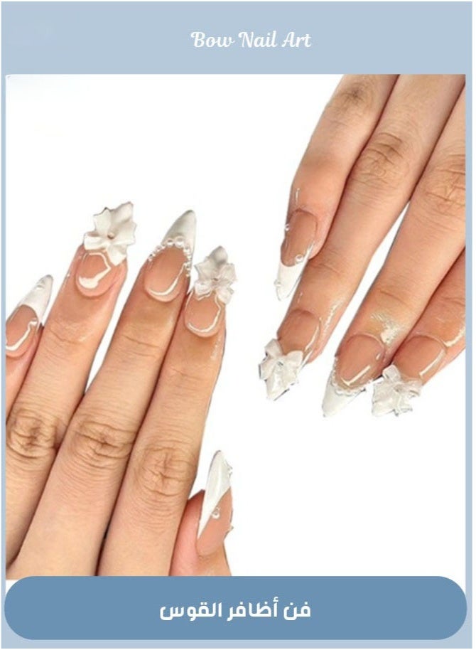 GlamKit 24-Piece Full Cover False French Tip Press on Nails,Medium  Nails Almond Glue on Nails Bow Charm Pearl Design Acrylic Nails(White) - Image 1