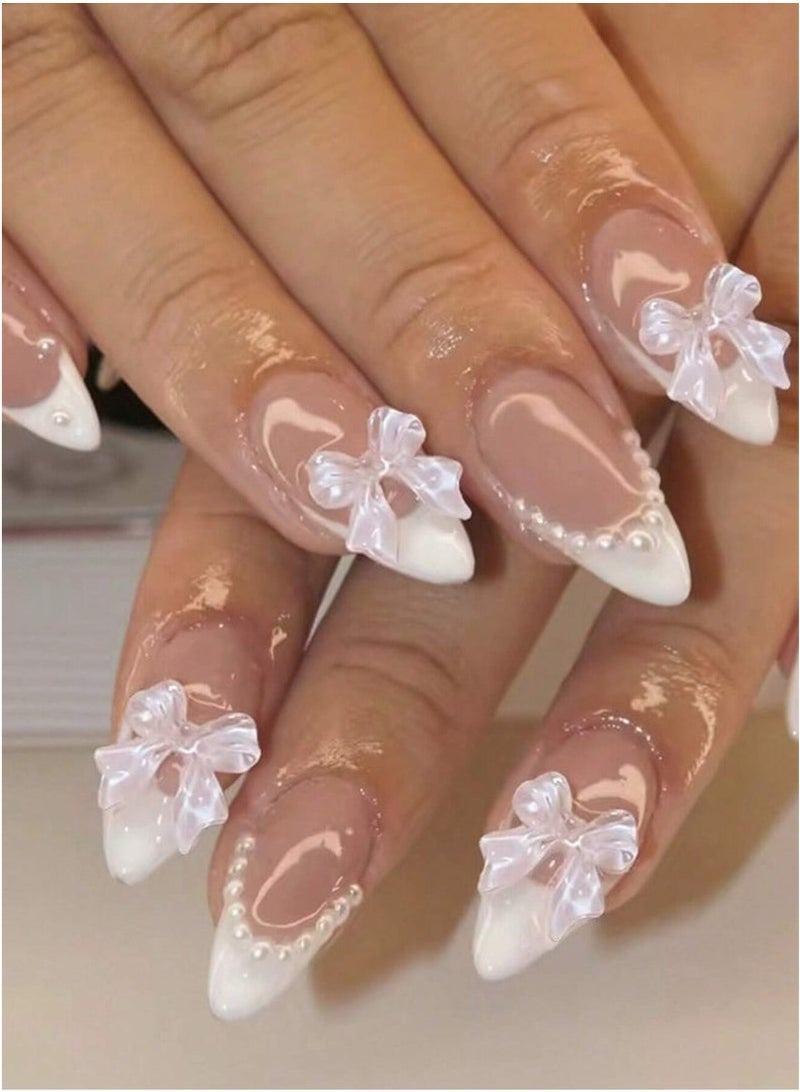 GlamKit 24-Piece Full Cover False French Tip Press on Nails,Medium  Nails Almond Glue on Nails Bow Charm Pearl Design Acrylic Nails(White) - Image 4
