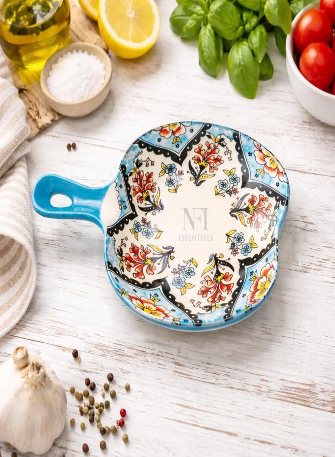 NFI essentials Ceramic Snack Bowl with Handle Serving Bowl Microwave & Dishwasher Safe Ideal for Soup, Salads, Noodles & Side Dishes (650ml) (Floral Print) - Image 1