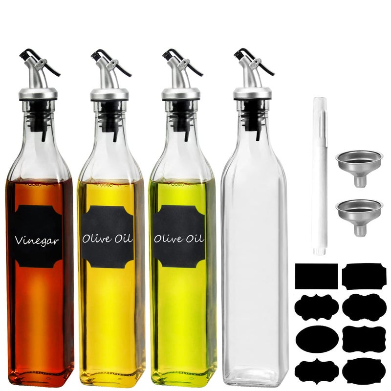 WERTIOO Olive Oil Dispenser Bottle4Pack 17 OZ Glass Oil Dispenser for Kitchen with 4 Pourer1 Stainless Steel Funnel  1 Pen and 8 Label for Kitchen 500ml