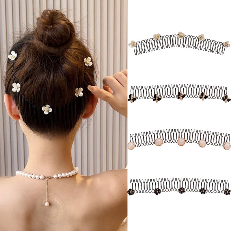 Ncozwo 4 Pcs Metal Wavy Headbands Pearl Butterfly Flower Hairband Shredded Hair Comb Fashion Black Flower Hair Bands NonSlip Hair Accessories Holder for Women