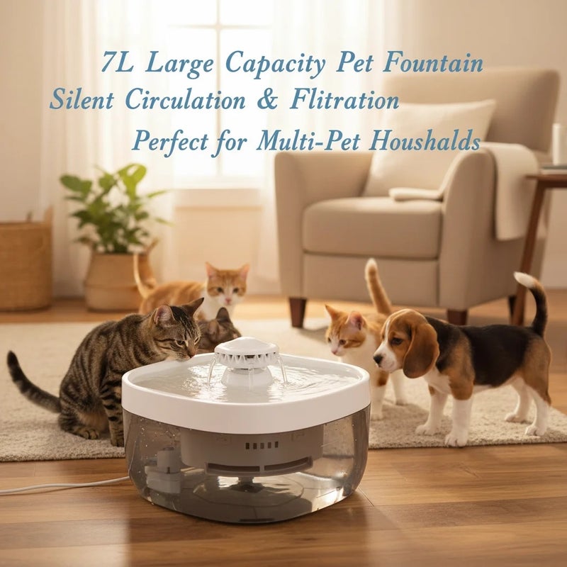 Pet Water Fountain 1.85Gal Large Capacity Ultra-Quiet 30dB Cat Drinking Dispenser with 2 Filters, 5V USB Pump Auto Circulating, Anti-Dry Burn for Dogs Cats, White - Image 1