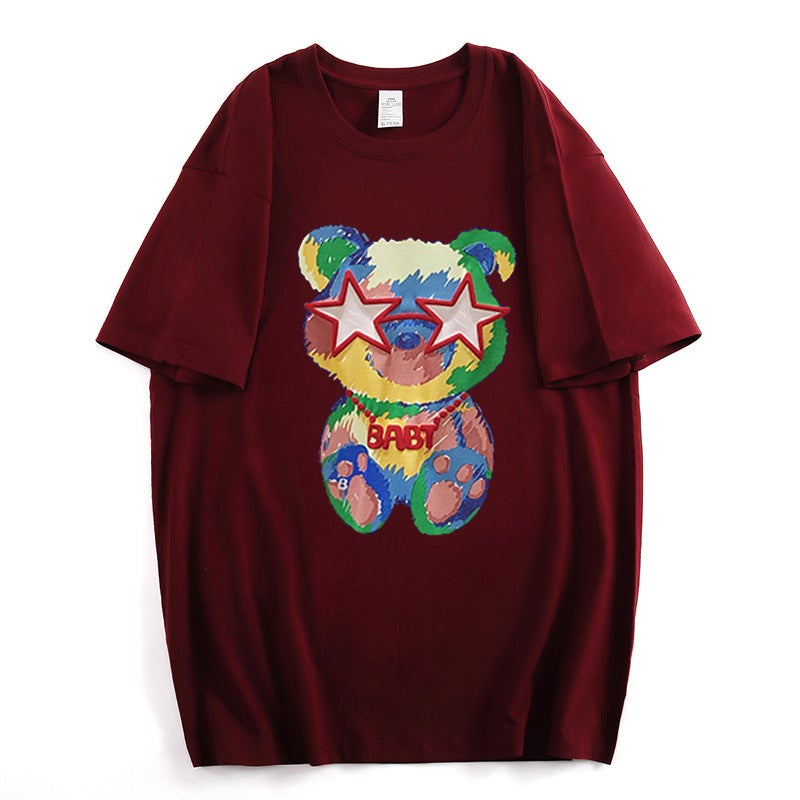 Cotton bag collar a generation of summer new short sleeve T-shirt women loose Korean version of graffiti bear printed short sleeve jacket Burgundy