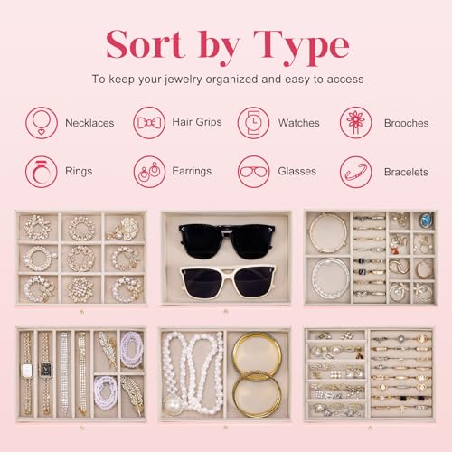 Dajasan Jewelry Box for Girls Women, 6-Tier Large Jewelry Organizer Box, Jewelry Storage Organizer, Jewelry Gift Box for Christmas, Valentine's Day, Birthday, Mother's Day (Pink) - Image 4