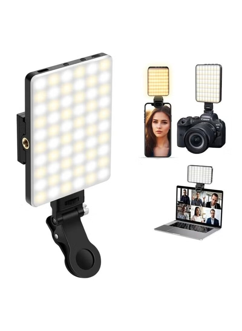 60-LED Selfie Ring Light with Dual Clips – Rechargeable Clip-On Video Light, 3 Light Modes, 10 Brightness Levels, 2000mAh Battery, Compatible with Smartphones, Tablets & Laptops for Vlogs, Makeup & Calls