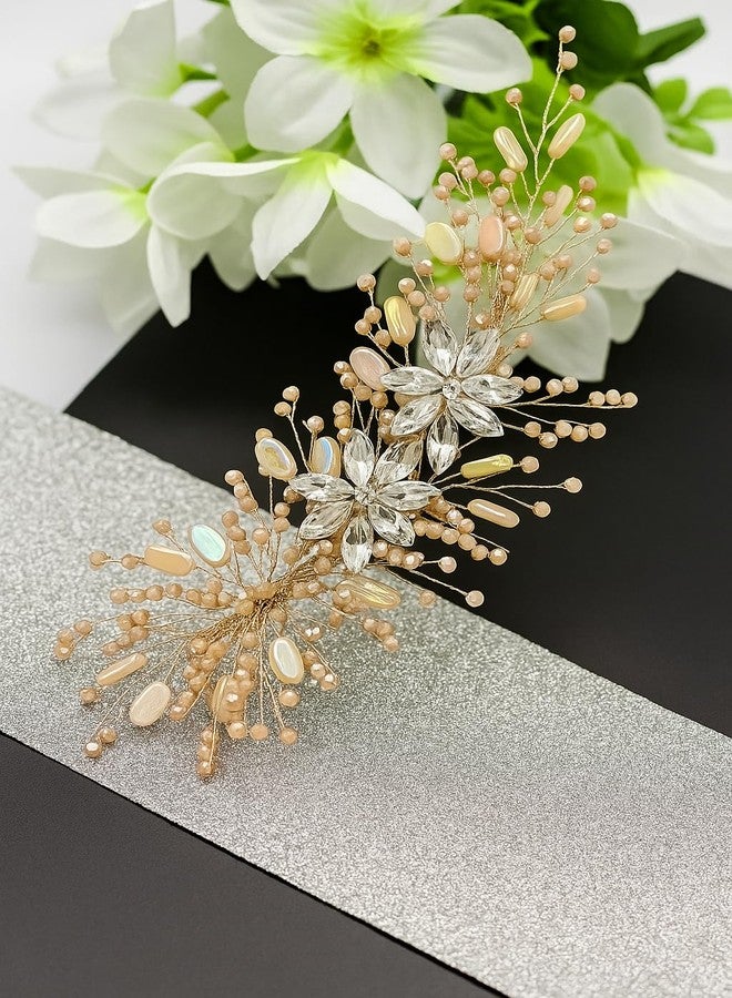 Samyak Wedding Hair Pins Handmade Pearl & Crystal Bridal Tiara Bridesmaid Hair Decoration Accessories (gold) - Image 1