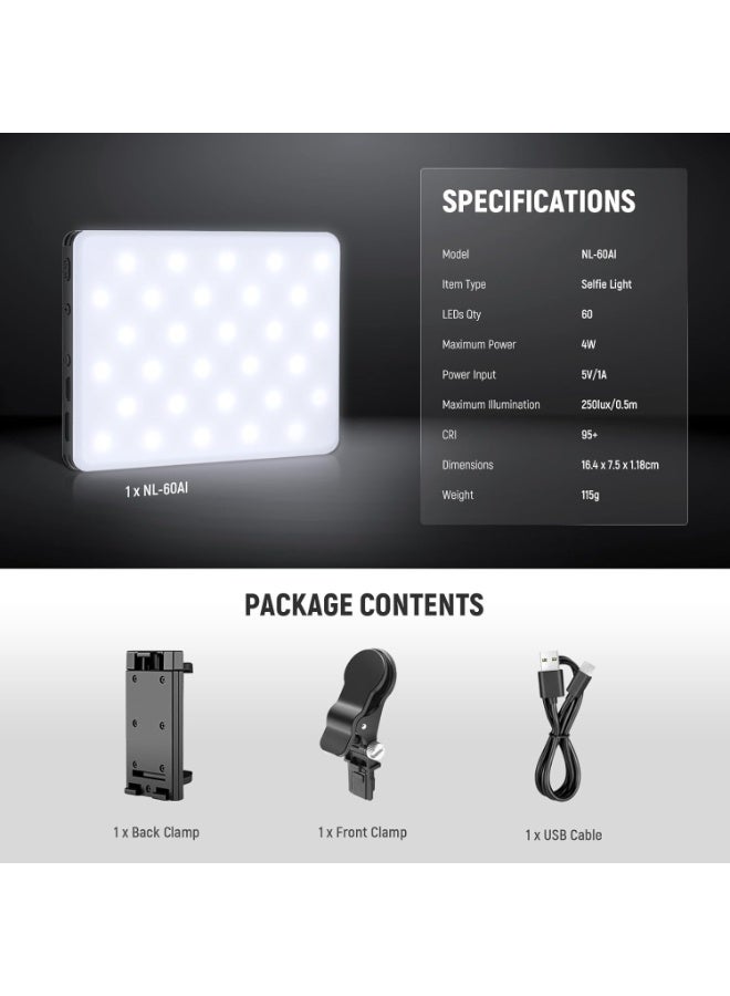 NEEWER Basic Selfie Light with Front & Back Phone Clip, 60 LED 2000mAh Rechargeable CRI - Image 2