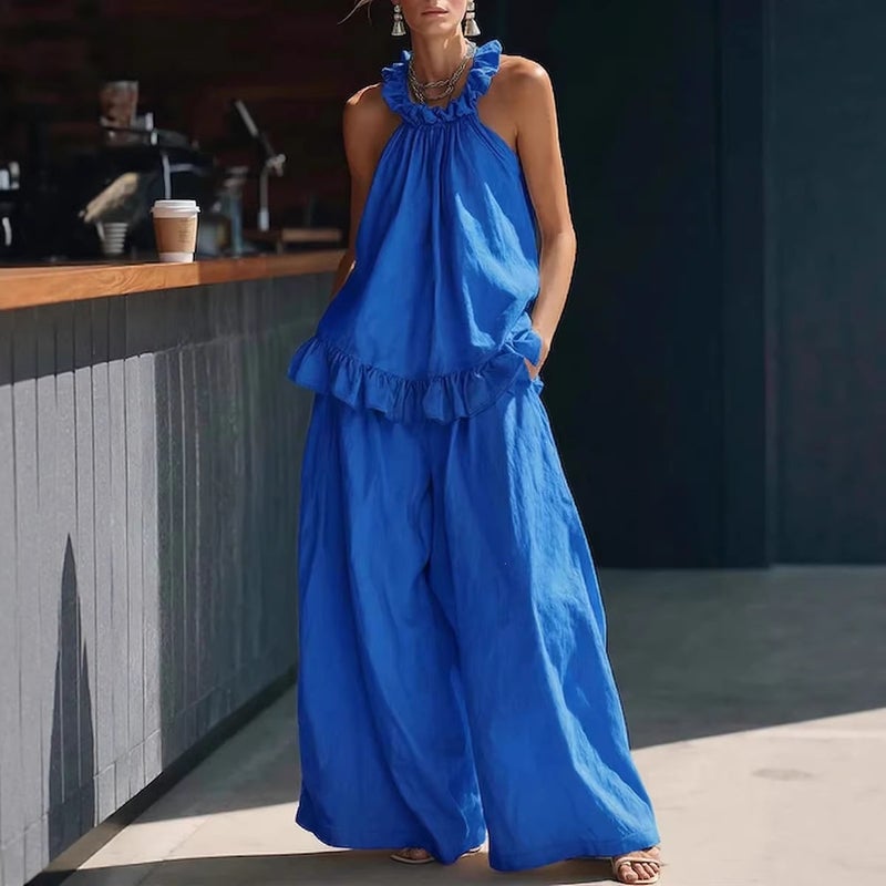 Summer Retro Simple Sleeveless Two-Piece Set with Halter Neck and Wide-Leg Pants in Solid Color, Elegant Women''s and Style - Image 4