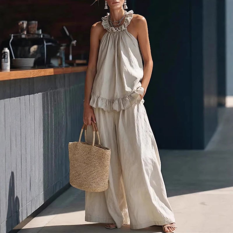 Summer Retro Simple Sleeveless Two-Piece Set with Halter Neck and Wide-Leg Pants in Solid Color, Elegant Women''s and Style - Image 2
