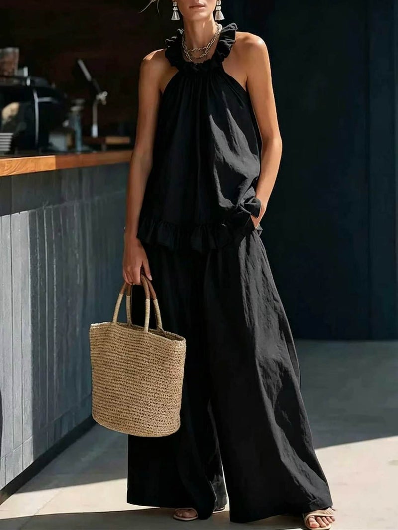 Summer Retro Simple Sleeveless Two-Piece Set with Halter Neck and Wide-Leg Pants in Solid Color, Elegant Women''s and Style - Image 1