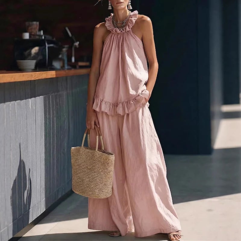 Summer Retro Simple Sleeveless Two-Piece Set with Halter Neck and Wide-Leg Pants in Solid Color, Elegant Women''s and Style - Image 3