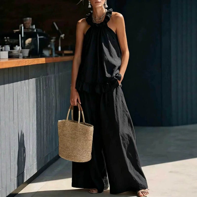 Summer Retro Simple Sleeveless Two-Piece Set with Halter Neck and Wide-Leg Pants in Solid Color, Elegant Women''s and Style - Image 5
