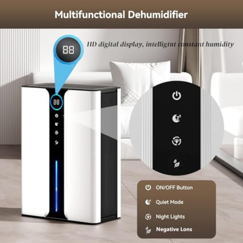 Home dehumidifier for basement bathroom RV closet, ABS plastic, white, 3L capacity with quiet operation, digital humidity display, air filter, auto shut-off, sleep mode, and 7-color lights - Image 4