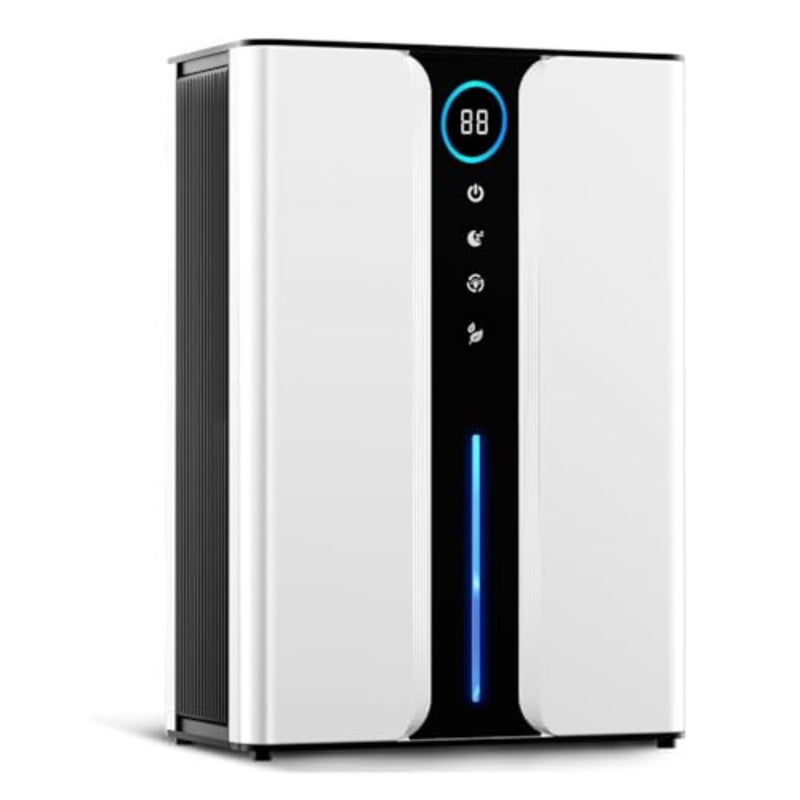 Home dehumidifier for basement bathroom RV closet, ABS plastic, white, 3L capacity with quiet operation, digital humidity display, air filter, auto shut-off, sleep mode, and 7-color lights - Image 1