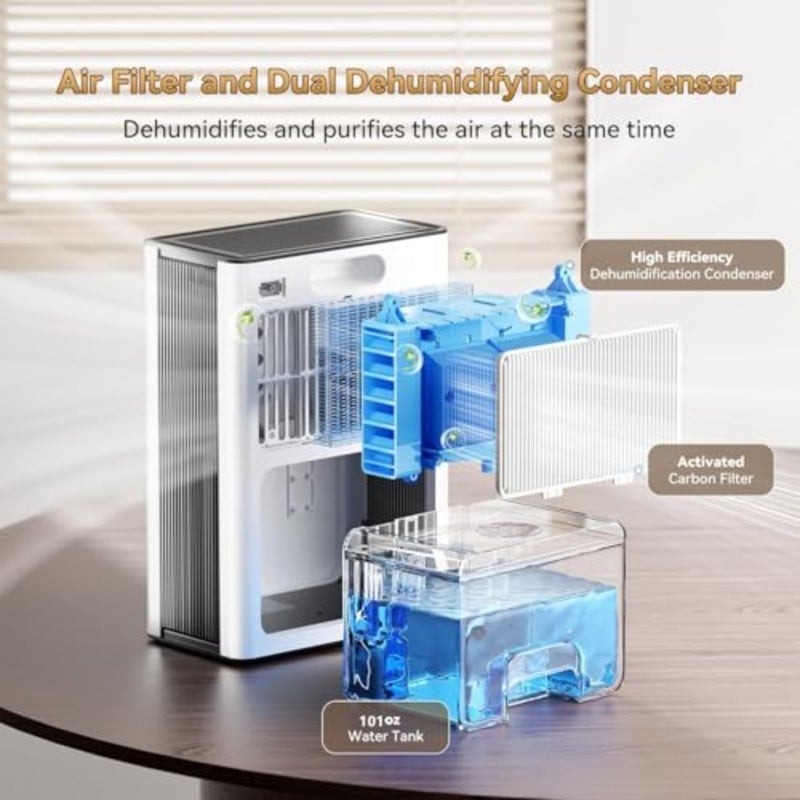 Home dehumidifier for basement bathroom RV closet, ABS plastic, white, 3L capacity with quiet operation, digital humidity display, air filter, auto shut-off, sleep mode, and 7-color lights - Image 3