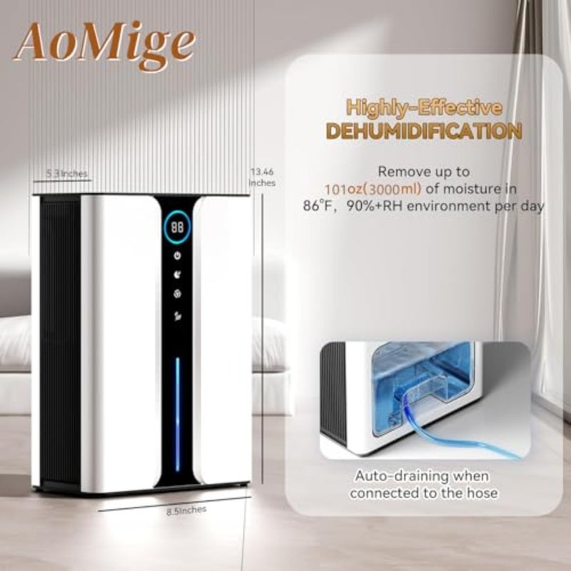 Home dehumidifier for basement bathroom RV closet, ABS plastic, white, 3L capacity with quiet operation, digital humidity display, air filter, auto shut-off, sleep mode, and 7-color lights - Image 5