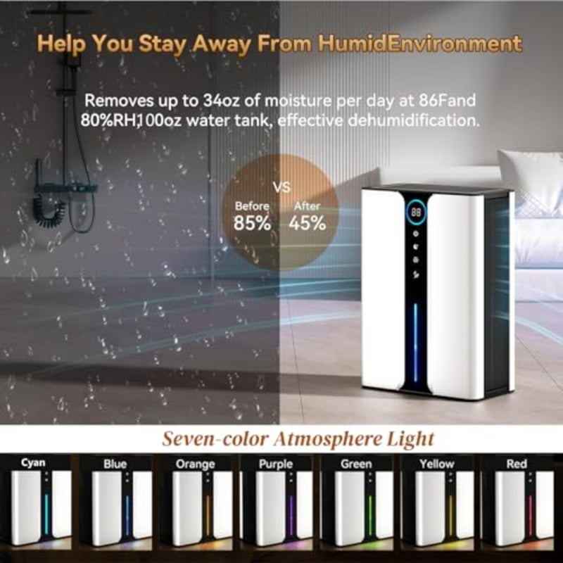 Home dehumidifier for basement bathroom RV closet, ABS plastic, white, 3L capacity with quiet operation, digital humidity display, air filter, auto shut-off, sleep mode, and 7-color lights - Image 2