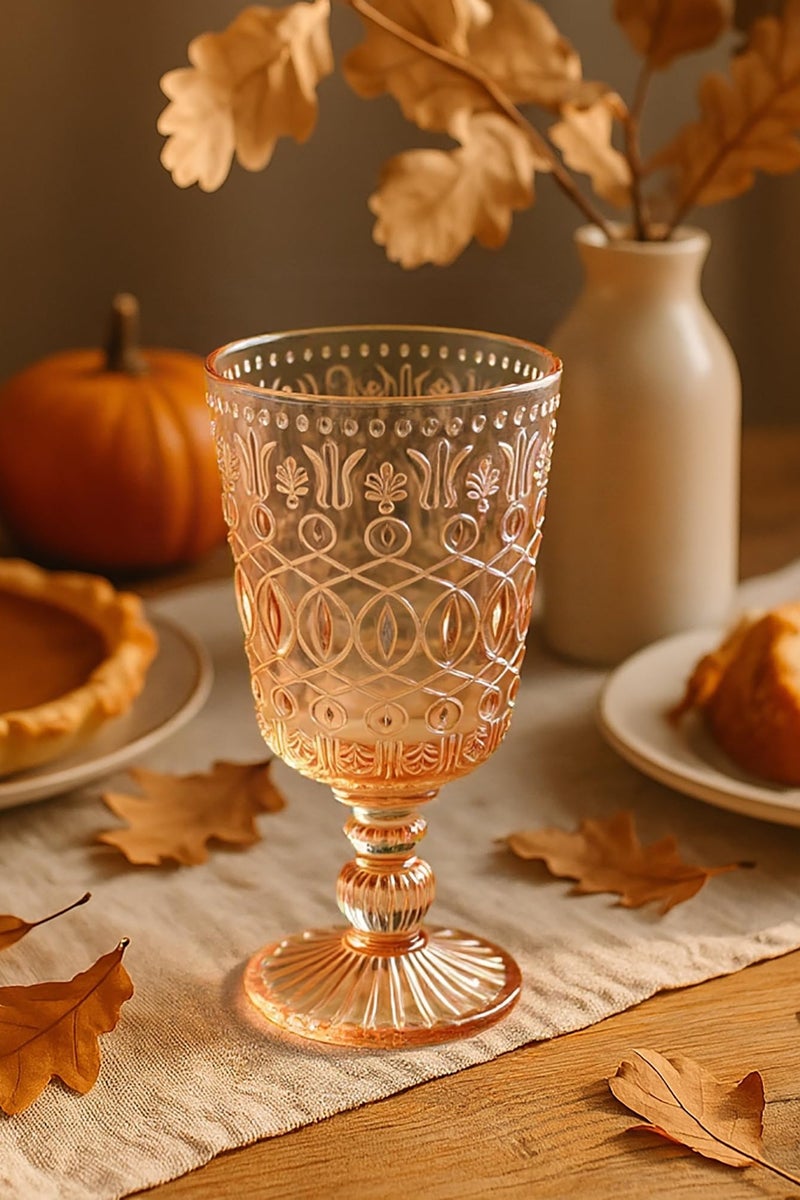 6-Piece Vintage Embossed Glass Goblet 10 oz  Colorful Wine Glasses with Embossed Patterns, Thick Glassware Suitable for Various Beverages Never Fade Dishwasher Safe (Sunset Orange) - Image 3