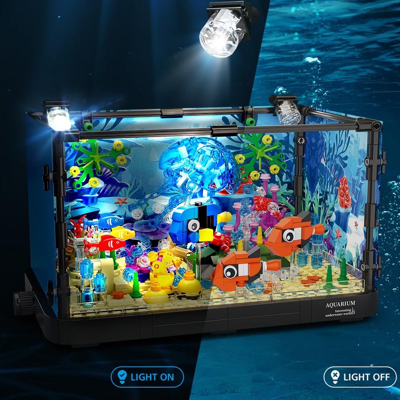 HOGOKIDS Fish Tank Building Set with LED Light - Movable Aquarium Building Toys for Adults Kids | 725PCS Creative Aquarium Toy with Jellyfish, Fish Animal Educational Gift for Boys Girls Age 8-14 - Image 2