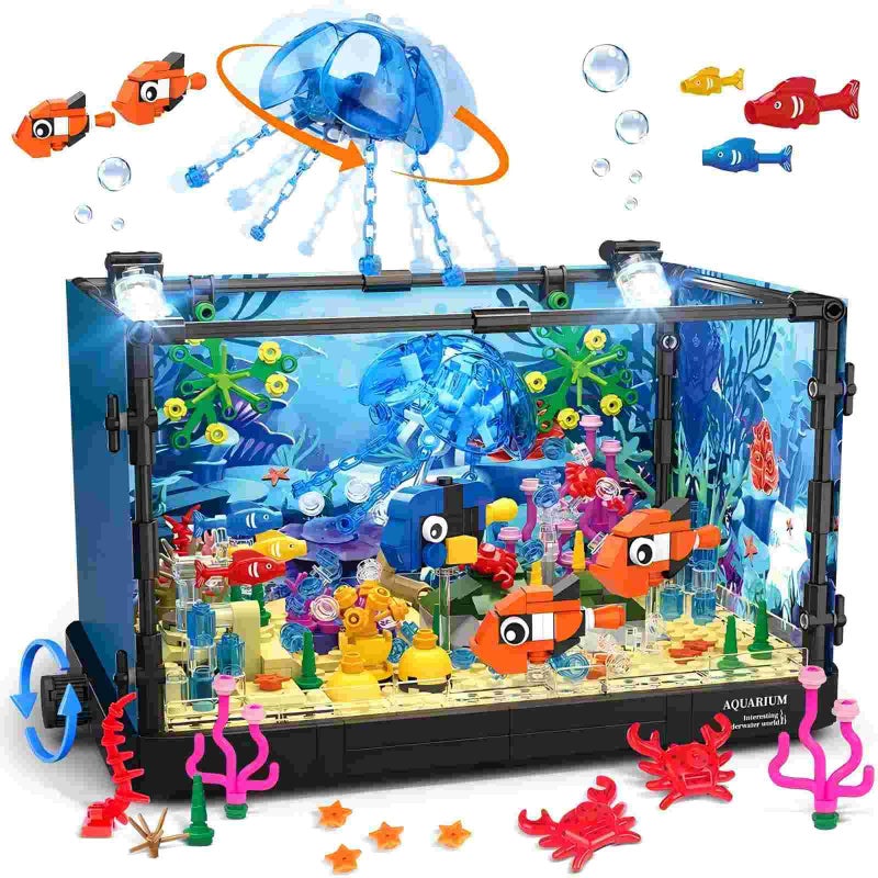 HOGOKIDS Fish Tank Building Set with LED Light - Movable Aquarium Building Toys for Adults Kids | 725PCS Creative Aquarium Toy with Jellyfish, Fish Animal Educational Gift for Boys Girls Age 8-14 - Image 1