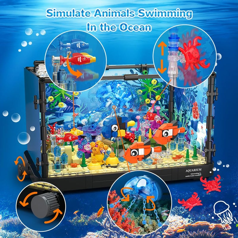 HOGOKIDS Fish Tank Building Set with LED Light - Movable Aquarium Building Toys for Adults Kids | 725PCS Creative Aquarium Toy with Jellyfish, Fish Animal Educational Gift for Boys Girls Age 8-14 - Image 3