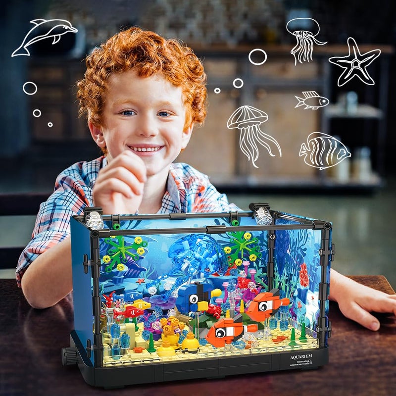 HOGOKIDS Fish Tank Building Set with LED Light - Movable Aquarium Building Toys for Adults Kids | 725PCS Creative Aquarium Toy with Jellyfish, Fish Animal Educational Gift for Boys Girls Age 8-14 - Image 4