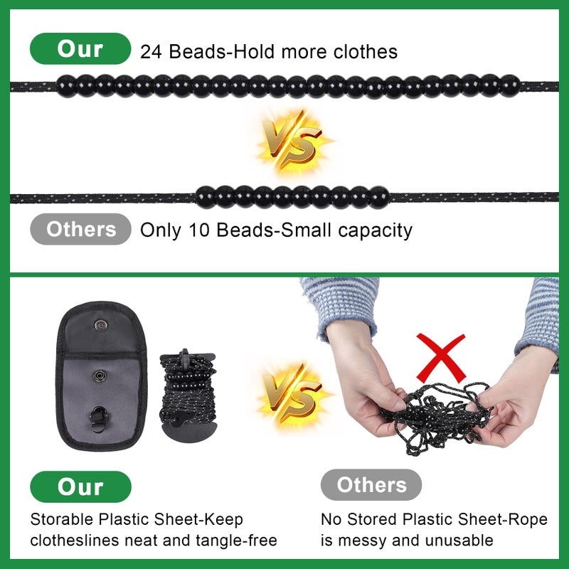 EXVITAL Portable Travel Clothesline Lightweight Camping Clothes Line with 24 Beads for Indoor Hotels Backyard, Outdoor Cruise Ships, RVs, Tents, 11.5 Feet - Image 2