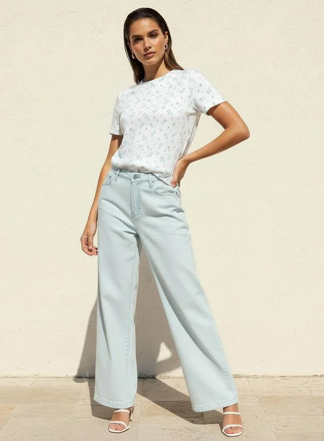Splash FAV BLUE Wide Leg High Rise Jeans with Elastic Waist for Women | Best Price UAE