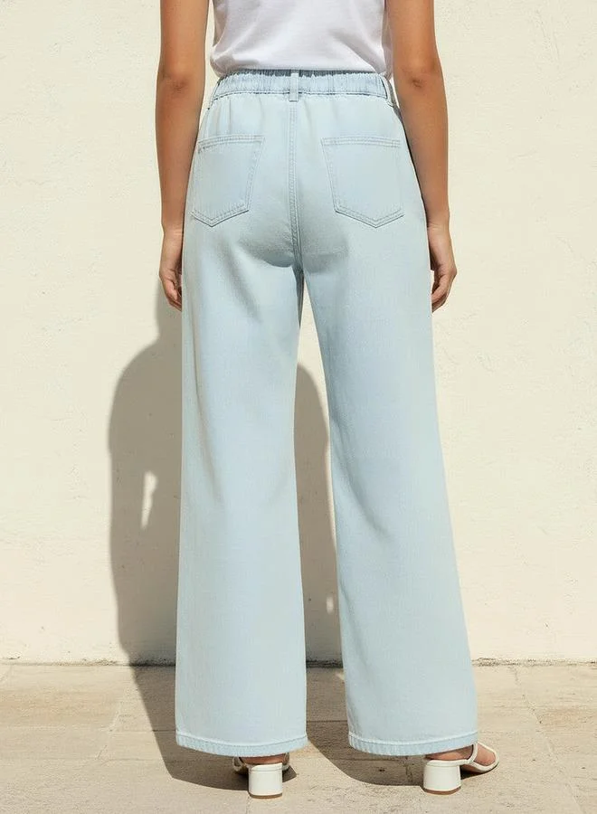 Splash FAV BLUE Wide Leg High Rise Jeans with Elastic Waist for Women | Best Price UAE