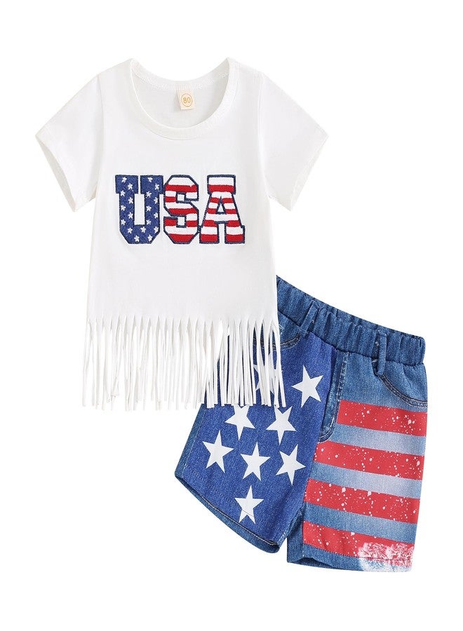 Socutebabe طقم ملابس بناتي من Socutebabe للاحتفال بيوم الاستقلال الأمريكي، يتضمن تيشيرت مطرز عليه شعار الولايات المتحدة الأمريكية وشرابات، وشورت جينز، قطعتين (أبيض، 12-18 شهرًا). - Image 1